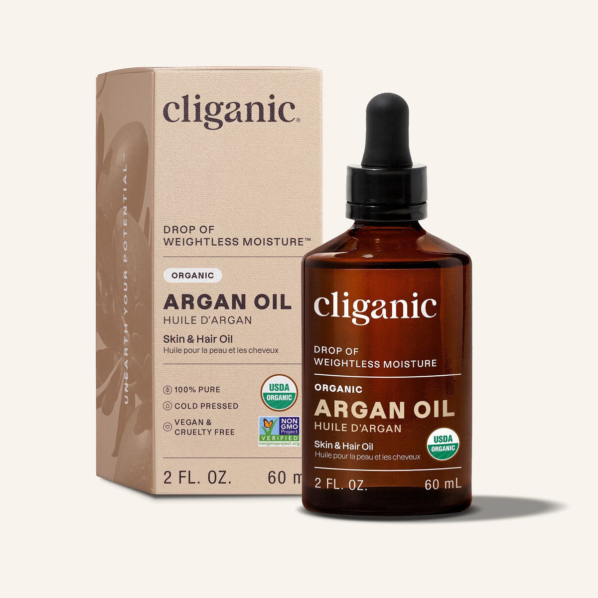 Cliganic Organic Argan Oil 2 oz bottle and box